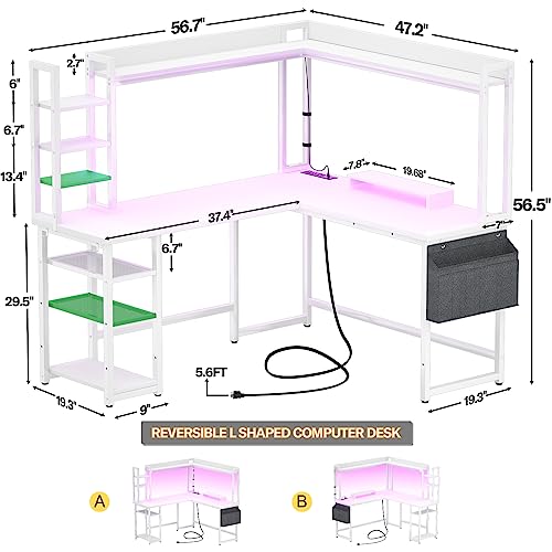 Aheaplus L Shaped Desk with Power Outlet, L Shaped Gaming Desk with Led Light & Hutch, Reversible Home Office Desk, Corner Computer Desk Writing Desk with Monitor Stand & Storage Shelves, White