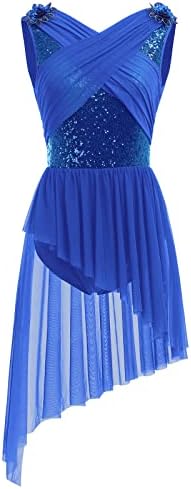 ODASDO Lyrical Dance Costumes for Women Ballet Leotards Asymmetrical Tulle Skirt One-piece Bodysuit Criss Cross V-neck Shiny Sequin U Back Sleeveless Modern Contemporary Dancewear Royal Blue Sequin S