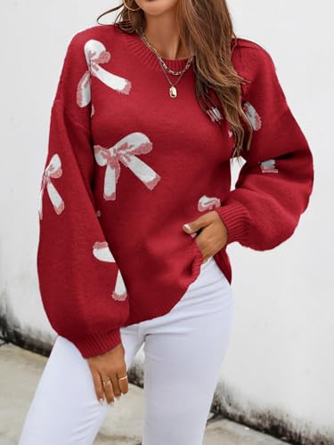 Image of Libsorge Womens Oversized Cute Bows Crewneck Cozy Pullover Sweater | Fall Winter Trendy Long Shoulder Balloon Sleeve Knit Baggy Printed Dressy Casual Valentines Day Vintage Sweaters