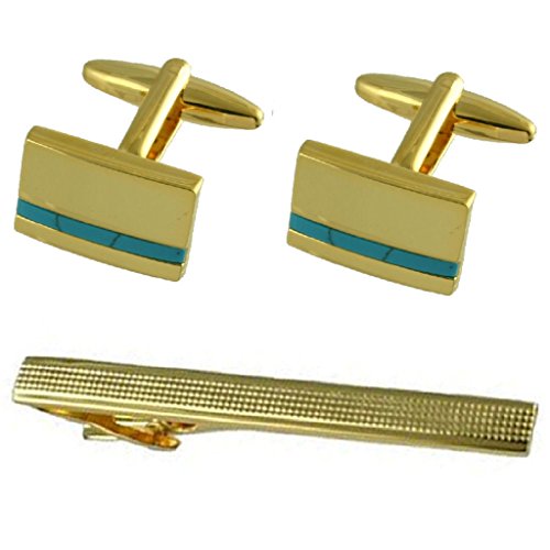 Gemelos de oro azul turquesa y pasador de corbata de 65mm para caballero