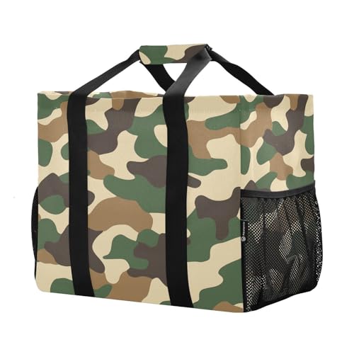 Large Waterproof Travel Tote Bag for Women Men, Military Green Camouflage Camo Canvas Beach Bag with Lining & Pockets - Reusable Grocery/Laundry/Kitchen/Pool/Picnic Tote (15.4x9.8x12.8in)2