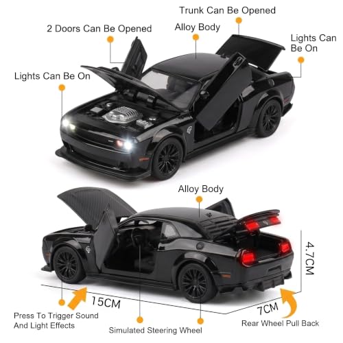 Image of 1:32 Scale Dodge Challenger Hellcat Die-Cast Metal Car Toy with Light & Sound, Pull-Back Action & Openable Doors