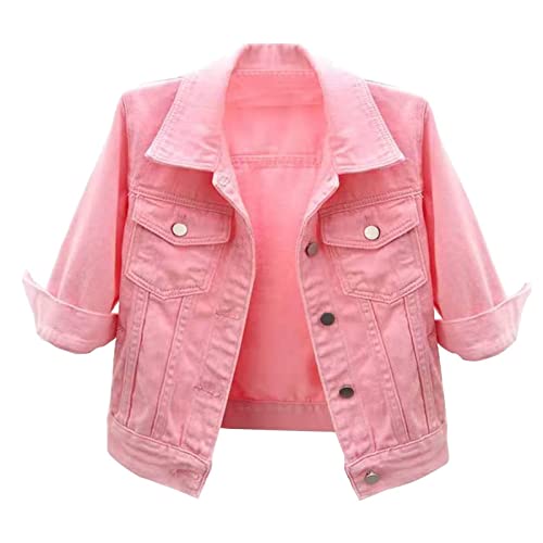 Cropped Denim Jacket For Women 3/4 Sleeve Colored Light Ripped Short Jean Jackets Lapel Button Down Trucker Coats Pink #TOP27