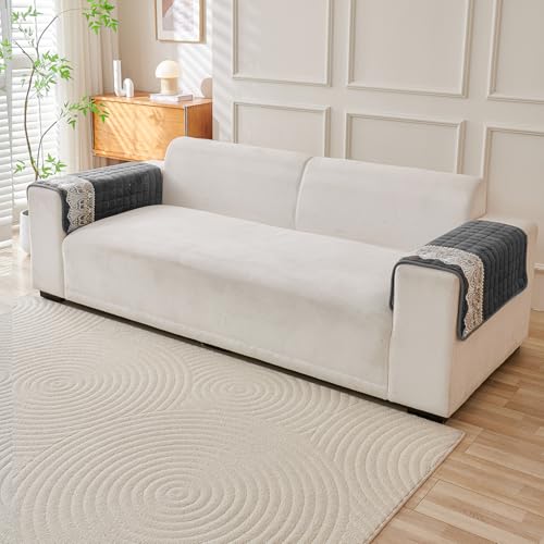 Image of HOKIPO 'BelleLace Series' Imperial Milk Velvet Anti-Slip Sofa Armrest Covers with Lace | 1 Pair - Porpoise Grey (AR-5961-DGRY*2)