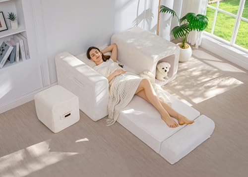 Image of MAXYOYO Folding Sofa Couch, Convertible Floor Sofa with Armrest, Multifunctional Sofa with Pillow and Pockets, Boneless Couch for Living Room, Beige