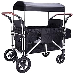 Stroller Wagon for 4 Kids, Wagon Cart Featuring 4 High Seat with 5-Point Harnesses and Adjustable Canopy, Foldable…