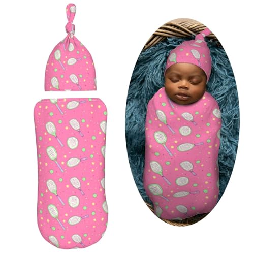 Image of Pickleball and Stars Newborn Swaddle Blankets Hat Sets Soft Baby Receiving Blanket Swaddle Sack for Baby Shower Infant Boy Girl Gift