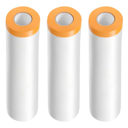 Image of HARFINGTON 3 Rolls Pre-Taped Masking Film 70.9 inch x65.6ft Tape and Drape Painters Plastic Drop Cloth Film with Tape Plastic Sheeting for Automotive Painting Covering