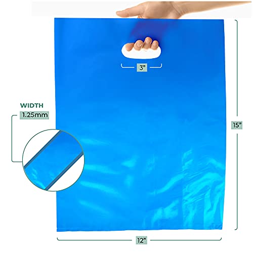 Plamar USA 100 Pack Blue Merchandise Bags 12 x 15 Inches, 1.25 Mil Thick Glossy Plastic Retail Shopping Bags with Die Cut Handles, Recyclable Bulk Bags for Stores, Events, Gifts - Thumbnail 2