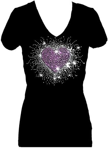 Pink Heart Burst Valentines Rhinestone Womens V Neck Short Sleeve Tee Shirt (3X)