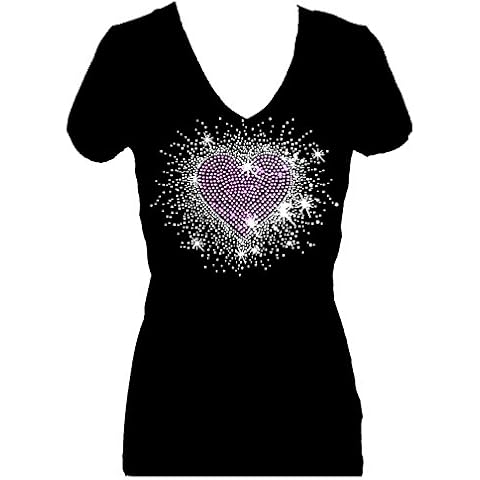 Rockeroo Boutique Pink Heart Burst Valentines Rhinestone Womens V Neck Short Sleeve Tee Shirt (M) Cover