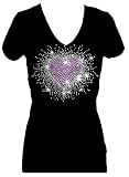 Pink Heart Burst Valentines Rhinestone Womens V Neck Short Sleeve Tee Shirt (3X)