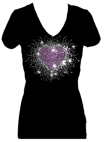 Pink Heart Burst Valentines Rhinestone Womens V Neck Short Sleeve Tee Shirt (3X) #TOP3