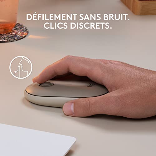 Logitech Pebble Souris sans fil avec Bluetooth ou Récepteur 2.4 GHz, Souris d��’ordinateurSilencieuse, ultra-fine avec clicks silencieux pour Laptop, Notebook, iPad, PC et Mac - Sable