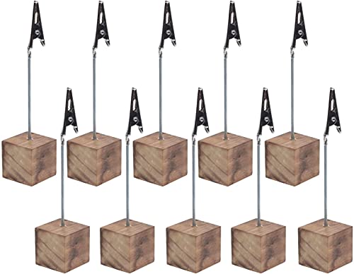 10 Pcs Lightweight Cube Base Memo Clips Holder with Alligator Clip Clasp for Displaying Number Cards (Wooden Base)