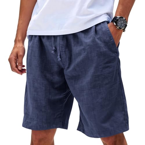 RODYETQQ Mens Linen Shorts Elastic Waist Drawstring Summer Beach Shorts Casual Lightweight Fashion Vacation Cruise Clothes with Pockets(A15 Navy,X-Large)
