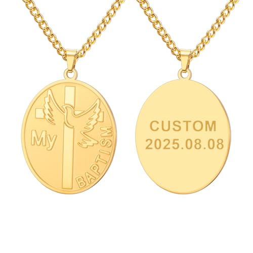kkjoy Collier de Baptême Personnalisé avec Nom Date de Naissance en Acier Inoxydable Pendentif Croix Colombe Protection Amulette Bijoux pour Femme Homme Amis...