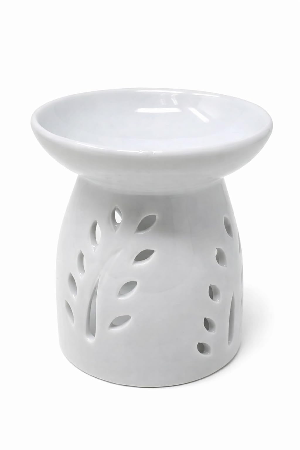 Jrose Collections White Ceramic Wax Melt Burner & Oil Burner – Aromatherapy Tealight Burner For Wax Melts Or Fragrance Oils – Decorative Ceramic Aroma Lamp With Leaf Cut-Out Design – Home Fragrance Burner 11 X 10 Cm