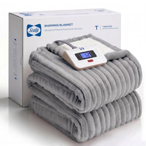 Sealy Electric Blanket Twin Size, Soft Ribbed Flannel to Sherpa Reversible Heated Blanket with 10 Heat Settings & 1 to 12 Hours Auto-Off Overheat Protection Machine Washable, 62"x84" Light Grey