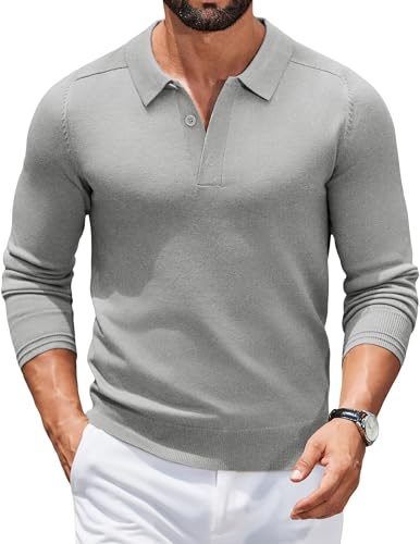 COOFANDY Mens Jumpers Long Sleeve Polo Neck Jumpers Knitted Polo Shirts Winter Sweaters Sweatshirt Casual Polos Solid Color Tops Medium Grey L