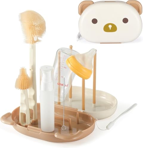 6 in 1 Baby Bottle Brush Set with Silicone Brush, Nipple, Straw, Soap Dispenser, Drying Rack and Storage Box - Portable Cleaner Kit for Travel and Home, White