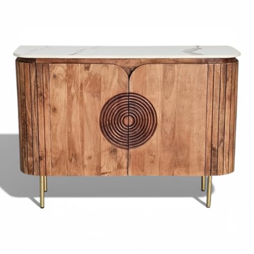 Image of Solid Wood Mandala Sideboard Cabinet with Sintered Stone Top for Living Room | Dark Teak Finish Lacquered | 119.8 cm (W) x 39.8 cm (D) x 85 cm (H)