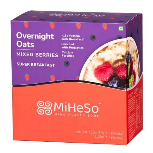 Image of MiHeSo Overnight Rolled Oats Mixed Berries 420 G | Healthy Oatmeal Breakfast Within 15 g High Protein, Calcium & Fibre | Diet Food For Weight Loss For Women & Men | No Refined Sugar | Gluten Free