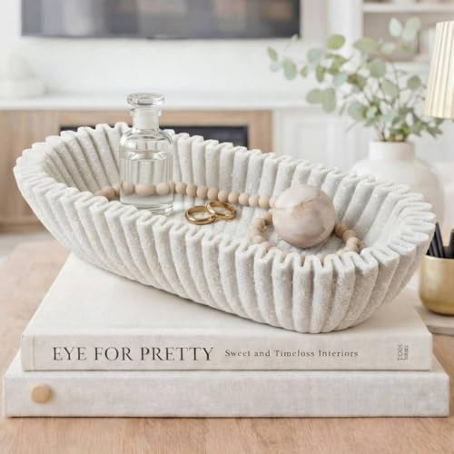 Gandeer Large Decorative Bowl for Home Decor Long Dough Key Bowls Coffee Table Decor Centerpiece White Ruffle Scalloped Resin Modern Handicraft Bowl for Kitchen Counter Farmhouse Entryway