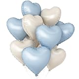 Baby Blue Heart Balloons,10Pcs Cream White Blue Foil Heart Shaped Balloons,18Inch Sand White Pastel Blue Helium Mylar Balloons for Valentines,Engagement,Brithday,Baby Shower,Wedding Party Decorations