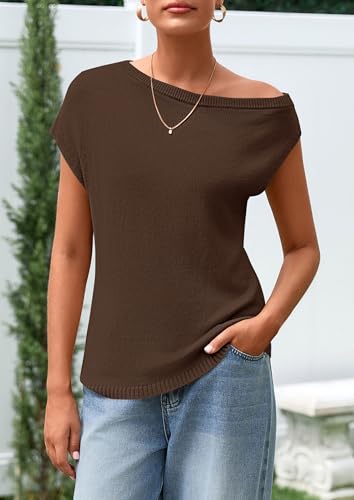 PRETTYGARDEN Womens Off The Shoulder Tops 2026 Summer Casual Short Sleeve Tunic T Shirts Lightweight Knit Sweaters (Coffee,X-Large) — view 3