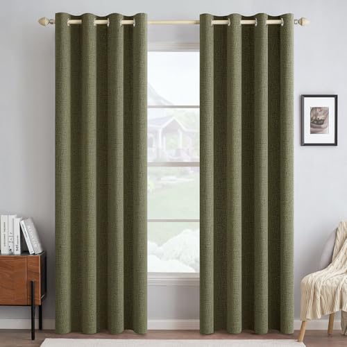 Image of MIULEE Linen Texture Curtains for Bedroom Solid 100% Blackout Thermal Insulated Light Olive Green Curtains Grommet Room Darkening Drapes for Living Room 52x72 Inch (2 Panels)