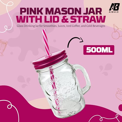 500ml Mason Jar – Pink Glass Jar with Lid and Straw – Reusable Drinking Jar for Smoothies, Milkshakes, Juices, Iced Coffee, Cold Brew & More – Colourful Eco-Friendly Glassware for Daily Use - Image 3