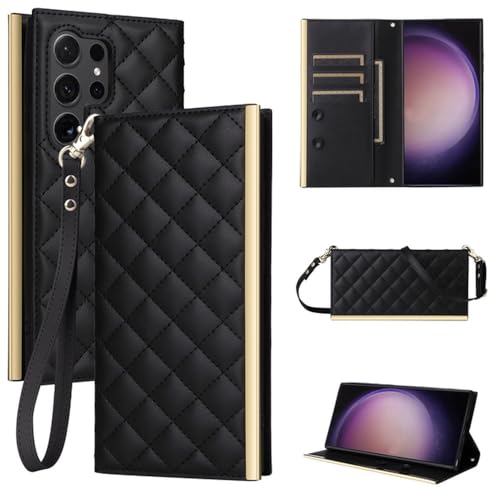 Étui de téléphone avec dragonne pour Samsung Galaxy S24 S23 Ultra et S21 S22 Plus en cuir noir