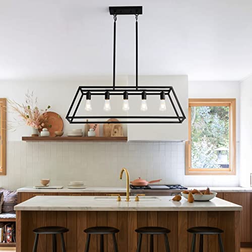 Xislthotsl Black Kitchen Island Lighting, 5-Light Farmhouse Chandeliers, Modern Industrial Linear Rectangle Pendant Light Fixtures For Dining Room Kitchen Bar Foyer(Metal, E26 Base) #TOP7