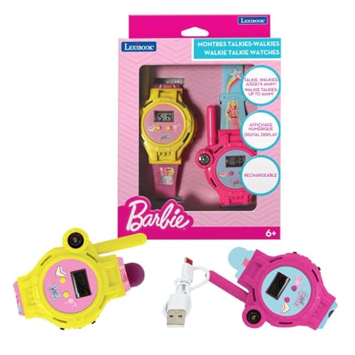 Lexibook, Barbie, Montres Talkie-Walkies, 2 pièces, Portée jusqu'à 200m, Lampe de Poche, Boussole, Rechargeable, Rose/Jaune et Rose/Bleu, DMWTW1BBLXB
