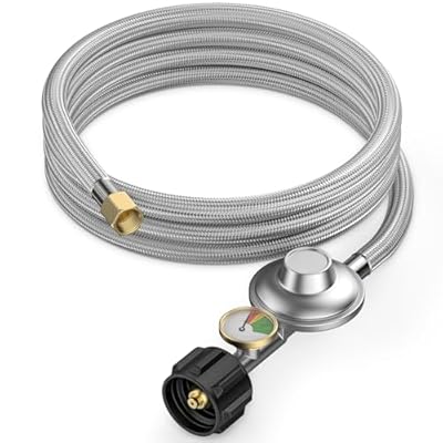 onlyfire 5 Feet Propane Regulator Hose with Propane Tank Gauge, Stainless Steel Braided Hose for Propane Patio Heater, Burner Stove, Fire Pit, Gas Water Heater, Smoker, Grills, QCC1 Connection