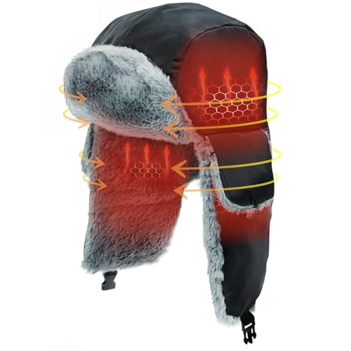MZQLN Heated Trapper Hat, 24.8 Inch Electric Winter Heated Hat with Rechargeable Battery for Men Women Black