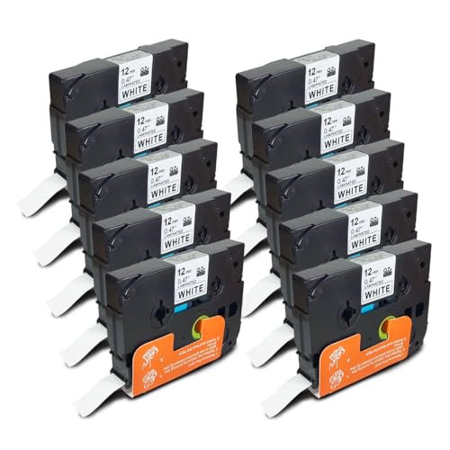GROF 10 Stück TZe-231 Laminierte Schriftband Schriftbänder – 12mm x 8m Schwarz auf Weiß, kompatibel mit Brother P-Touch PT-D210 D450 H110 H1000 – Etiketten für Büro/Werkstatt/Küche