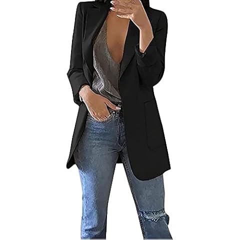 Yokbeer Women' s Long Blazer Jacket Solid Color Long Sleeve Cinched Endowed Two Pockets Chic Casual Suit Oversize Tailored Suit (Color : Black, Size : M) Cover