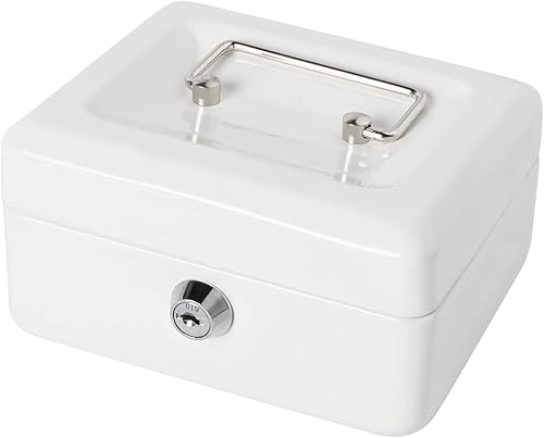 Vista 25 de Caja de dinero pequeña con bandeja de dinero y cerradura, caja de dinero de metal para efectivo, caja de seguridad 7.87 x 6.3 x 3.54 pulgadas