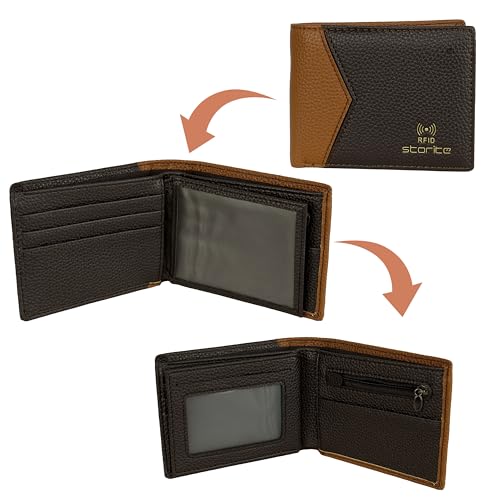 Image of Storite Men's RFID Blocking Bifold Wallet - Slim Genuine Leather Wallet with 2 ID Windows, Card Slots & Coin Pocket Mens Wallet (Tan & Brown)