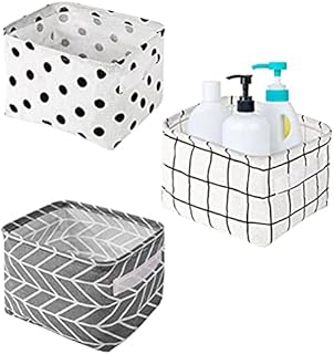 3 Pieces Small Fabric Storage Baskets, Waterproof Bathroom Storage Baskets Collapsible Square Storage Boxes with Handles Shelf Basket Organizer Bins for Bathroom Makeup Cupboards Kitchen