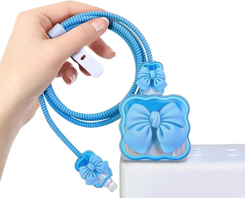 Image of INEFABLE Charger Case Cover Protector with 3D Cute Pattern for iPhone Charger only 18W & 20W, Data Charging Cable Wire Saver Protective Cable Cover Full Protection - Set Of 1 (Blue Bow)
