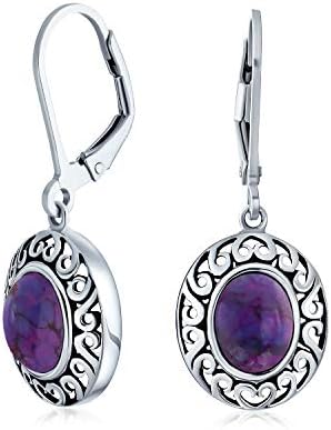 Blue Black Purple Red Green 3CTW Gemstone Oval Bezel Set Lever Back Dangle Earrings Western Jewelry For Women Oxidized .925 Sterling Silver Birthstones Colors