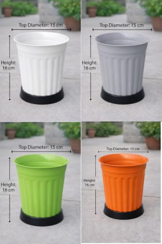 Image of TechHark GreenPlastic Plant Pots with Saucer, Ribbed Style, for Indoor and Outdoor Use, Set of 5