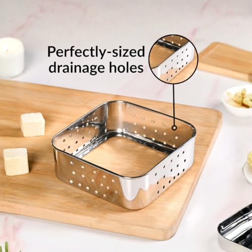 Image of Nestasia Small Stainless Steel Paneer Maker (450 ml) - Square Paneer Maker Mould Press with Lid | Rust Resistant Medium Paneer Strainer - Perfect for Fresh Paneer, Tofu & Sprouts