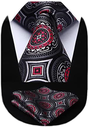 HISDERN Extra Long Floral Paisley Tie Handkerchief Men's Necktie & Pocket Square Set (Black & Gray & Red)