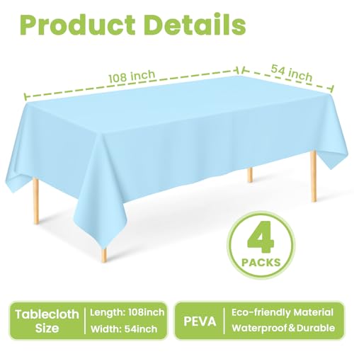 Image of Mulbozy Light Blue Plastic Table Cloth Disposable 4 Pack, 54 x 108 Inch Tablecloths Rectangle, Baby Blue Plastic Table Cover for Party Decor