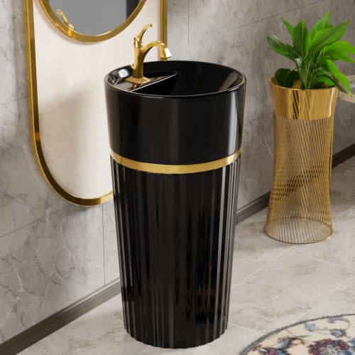 Image of BASSINO 17x17x33 Inches Ceramic Pedestal Wash Basin /7 Years Warranty /One Piece Free Standing Basin For Bathroom /Living Room /Salons /Round Modern Sink /Floor Mounted Washbasin(Glossy Black & Gold)