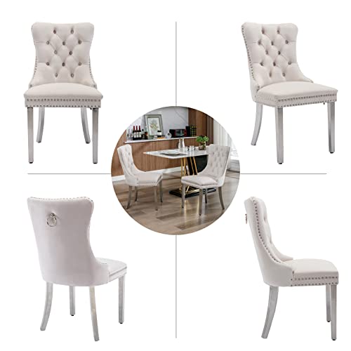 Dining Room Chairs Set Of 4, Velvet Upholstered Dining Chairs With Back Ring Pull Trim And Sliver Stainless Steel Legs,Modern Dining Chair Perfect For Dining Room,Living Room,Kitchen(Beige) #TOP5